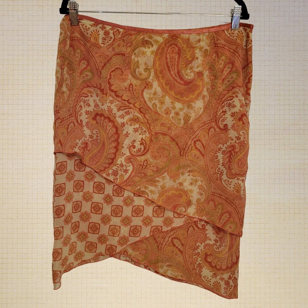 Y2K Preppy Layered Paisley Print Lettuce Edge Skirt 12 600 West Polyester Sheer